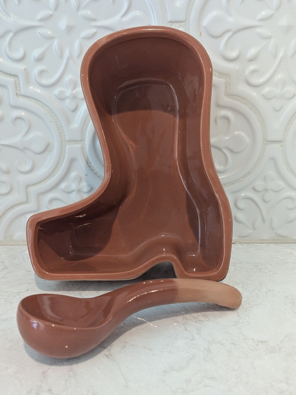Brown Ceramic Boot-Shaped Salsa Dish and Spoon